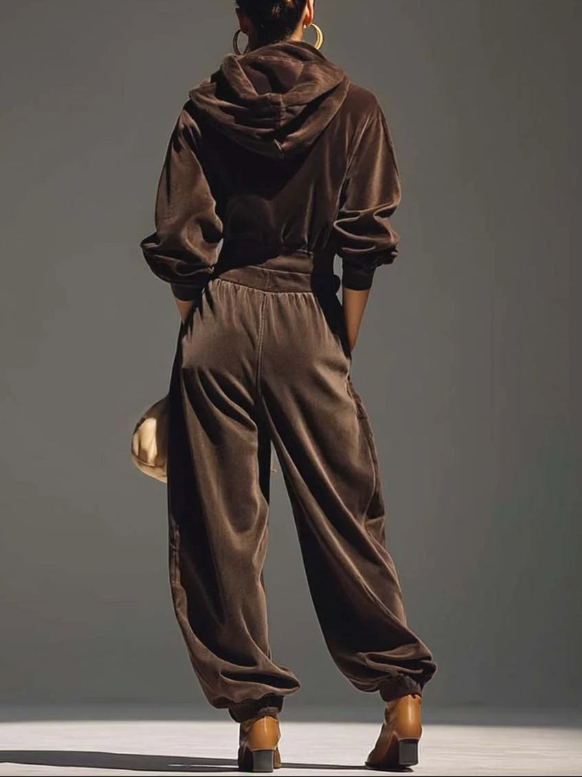 Olivia™ | Vintage Brown Velvet Hoodie and Relaxed Trousers Set