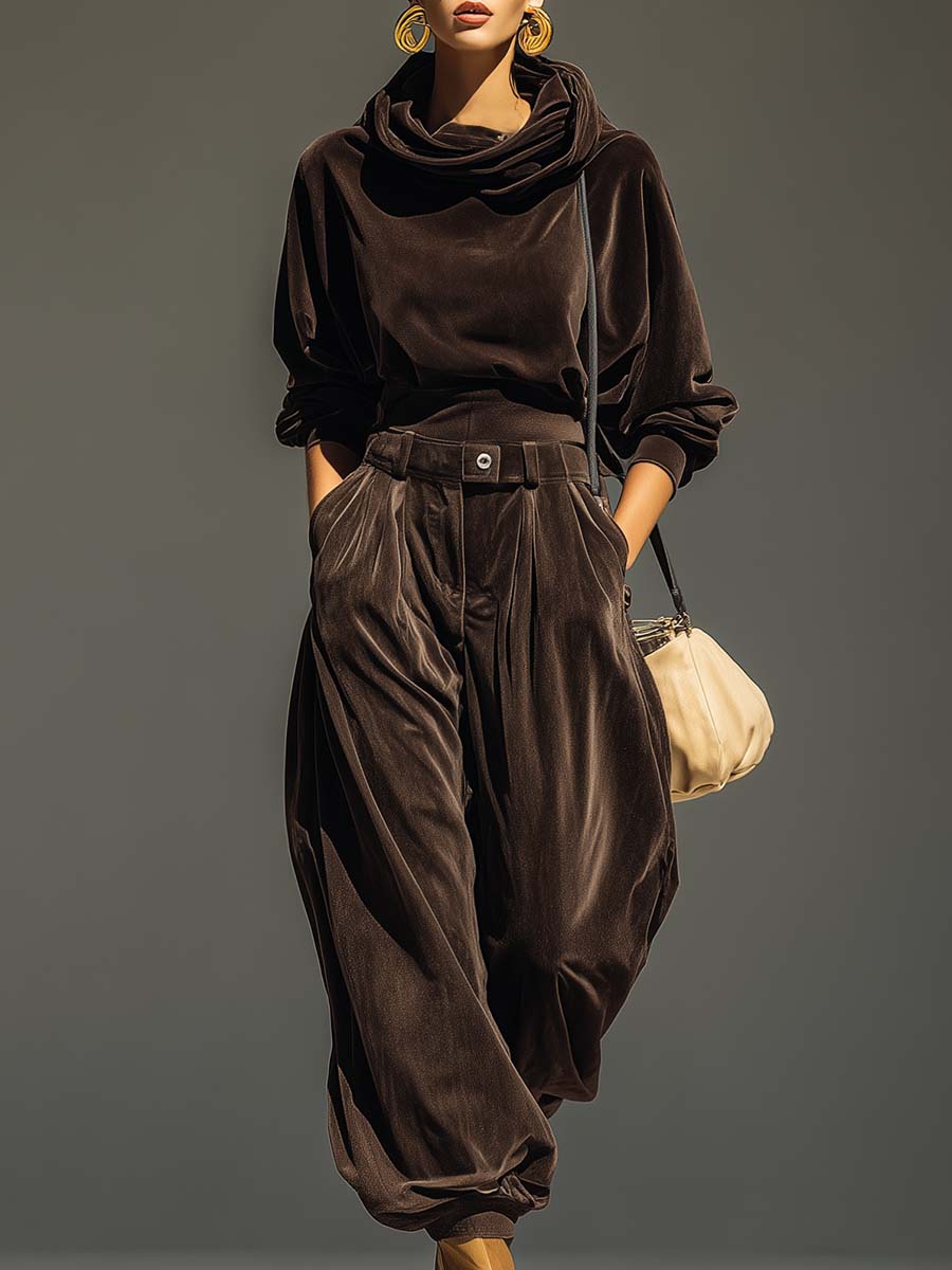 Olivia™ | Vintage Brown Velvet Hoodie and Relaxed Trousers Set