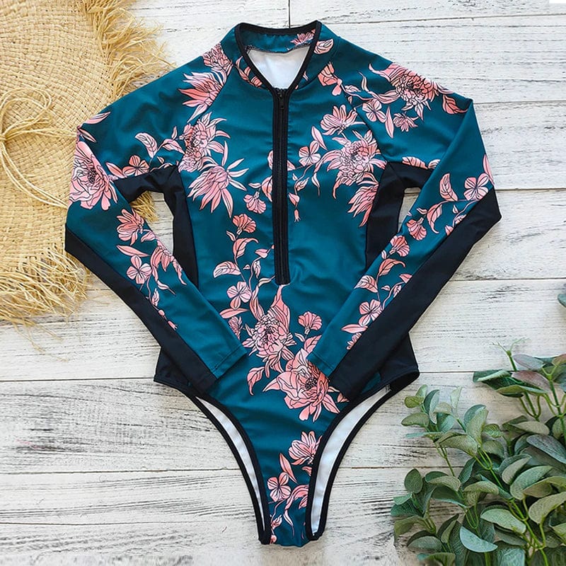 Long Sleeved One Piece Women's Swimsuit With Zipper
