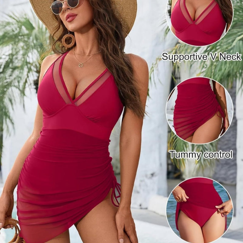Shaped Swimsuit Dress With Mesh Insert And Wrap