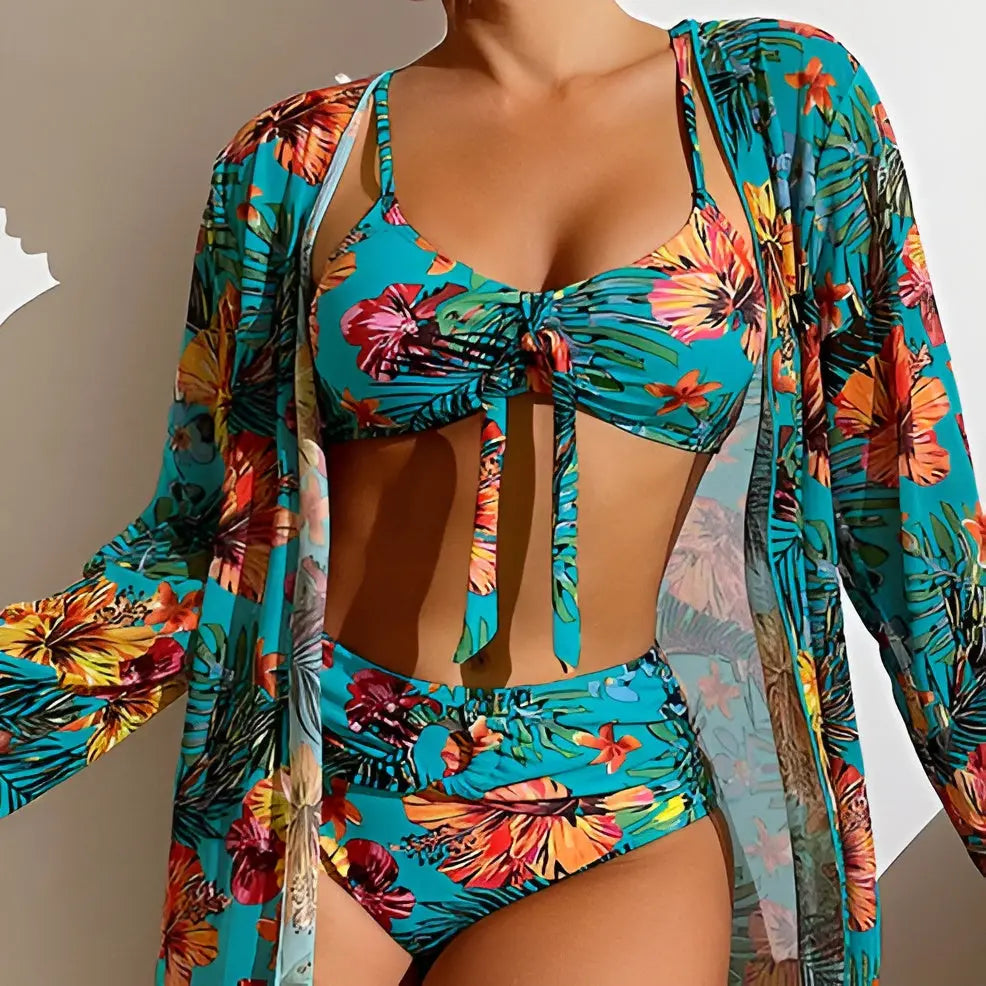 Three Piece Bikini Set With High Waist Cut