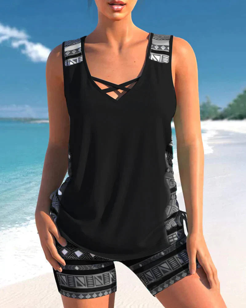 Swimwear With V-Neck And Geometric Pattern Tankini Set