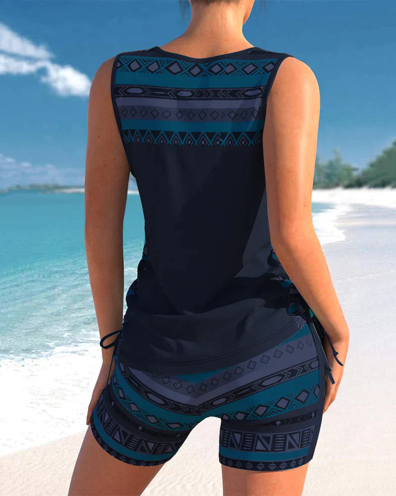Swimwear With V-Neck And Geometric Pattern Tankini Set