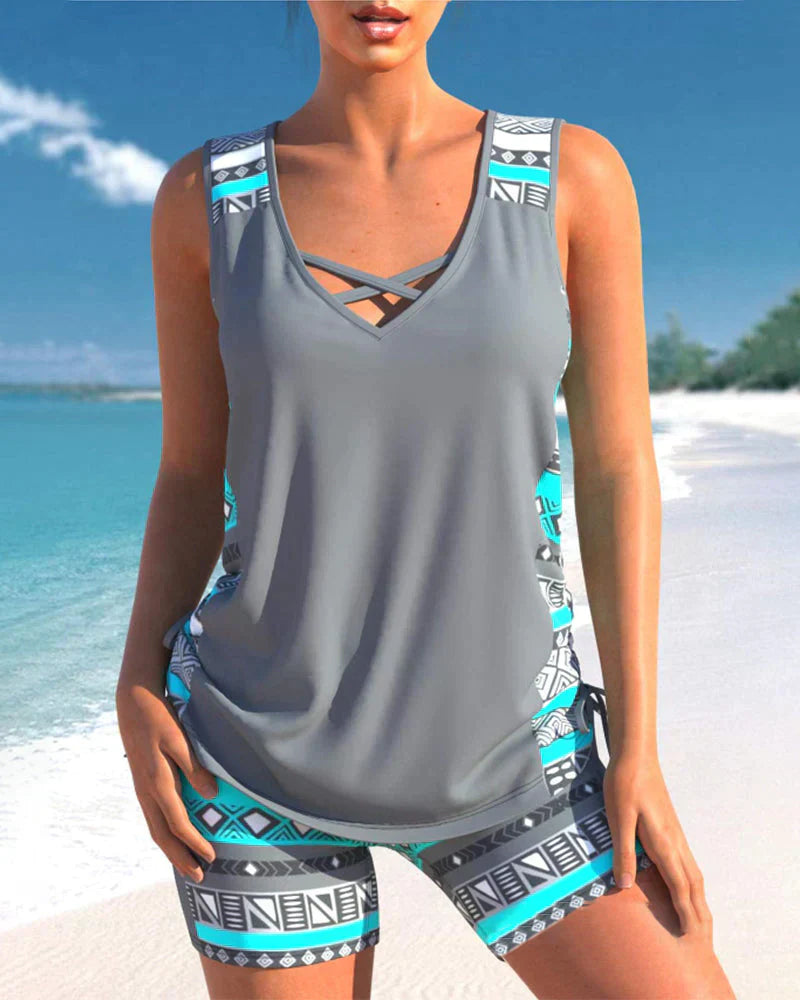 Swimwear With V-Neck And Geometric Pattern Tankini Set